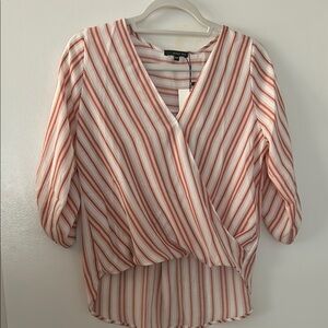 Striped V-Neck Blouse - Red and White